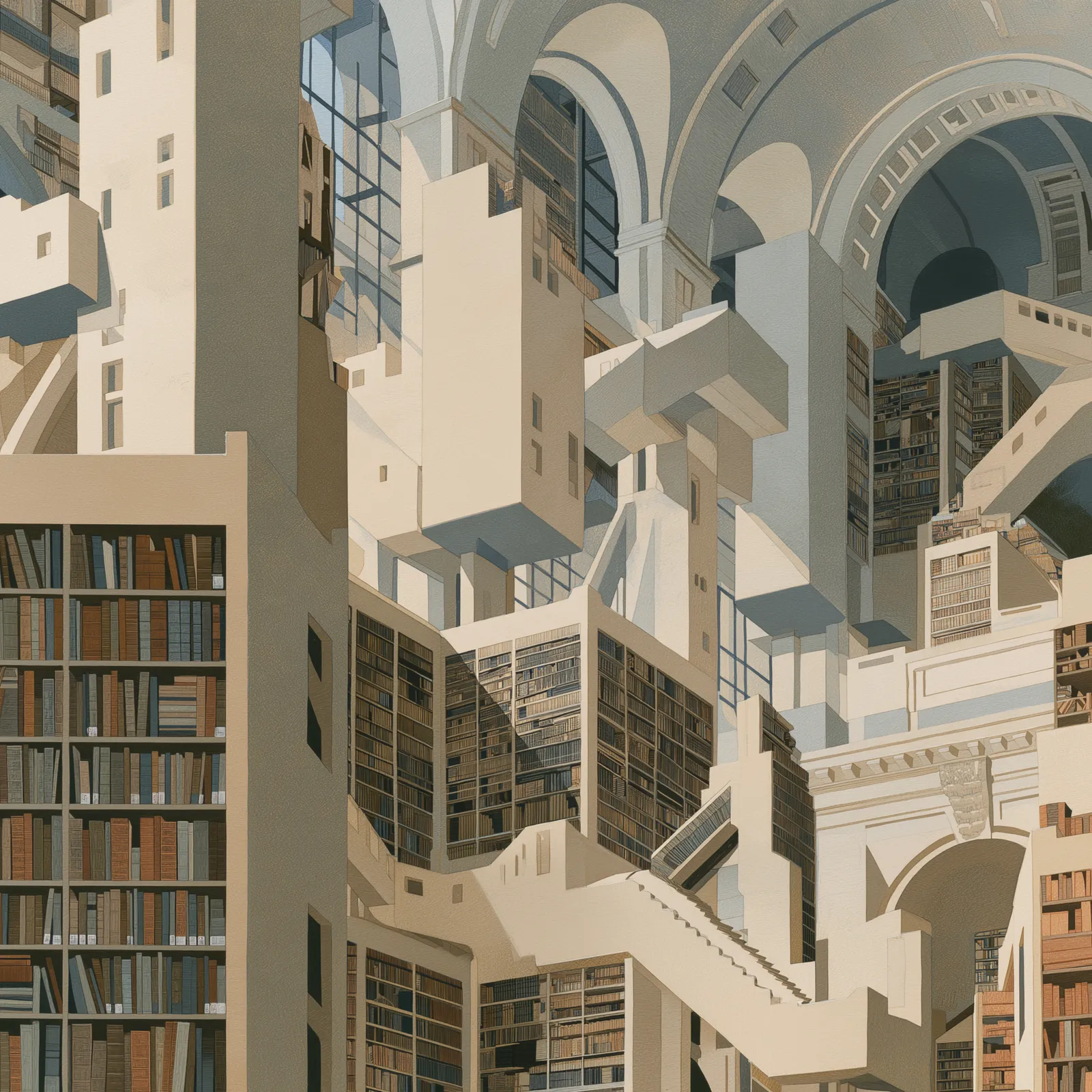 A sprawling library of interlocking towers, arches and bookshelves